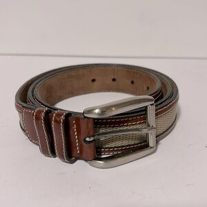 Tommy Bahama Mens Belt Brown Leather w/ Tan Fabric Inset Silver Buckle Sz. 42
